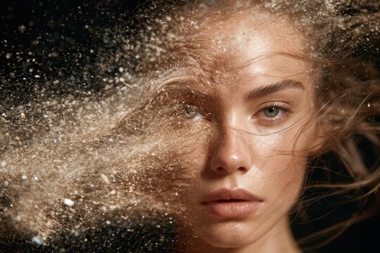 Woman's face dissolving into a cloud of sparkling sand particles against a dark background