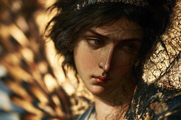 Obraz premium Angelic figure with dark hair and a serious expression, bathed in golden light