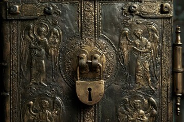 Obraz premium Ornate antique metal book cover featuring angels in relief and a secured padlock