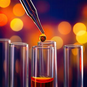 A close-up view of a drop of liquid falling from a pipette into a test tube.
