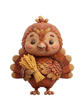 Adorable Claymation Chibi Turkey Holding A Sheaf Of Golden Wheat