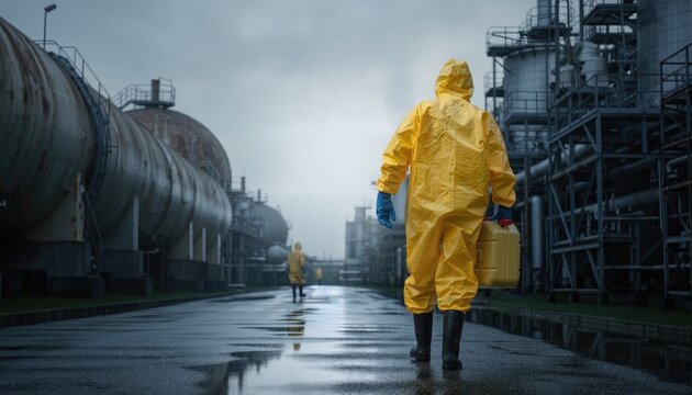 A hazmat worker walks through an industrial complex on a wet day.