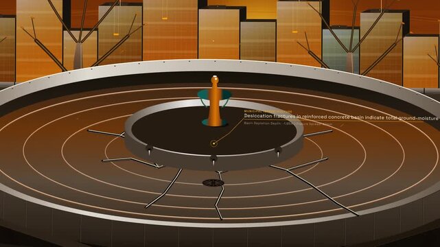 Conceptual animation of an urban heat island effect during a severe drought, featuring a drying municipal fountain basin, dying city trees, and data callouts explaining climate fragility