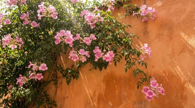 Pink flowers blooming on textured orange terracotta wall