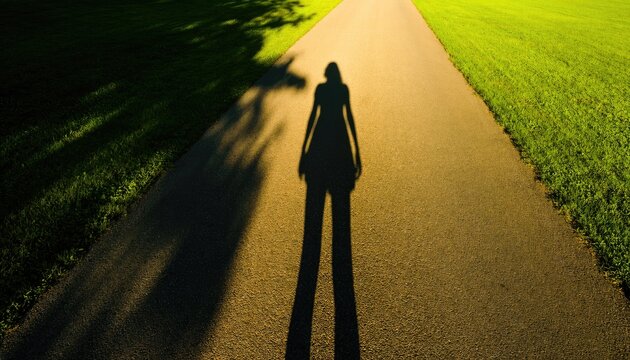 A person's elongated shadow stretches across a path bordering a grassy field.