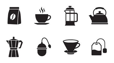 Obraz premium Coffee and Tea Icons: Brew Methods, Hot Drinks, and Accessories Vector Set
