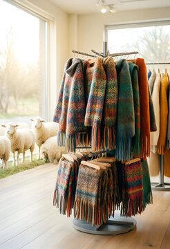 Sustainable fashion and wool production, colorful handmade knit scarves and ponchos on display in a boutique with sheep grazing in the background