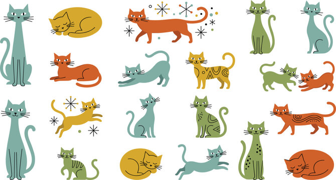 Mid Century Modern Cat Vector Illustration Set Featuring Retro Style Feline Characters and Sparkles for Vintage Graphic Designs Patterns and Prints