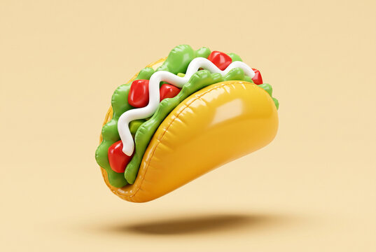 Glossy Inflatable Taco Floating on Beige Background as Playful 3D Render