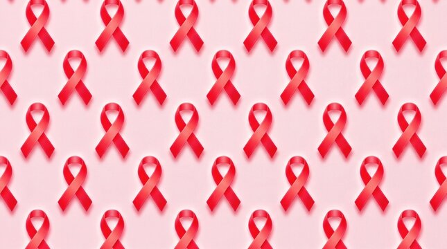 Seamless pattern of multiple vibrant red awareness ribbons arranged neatly on a soft pink textured background, symbolizing global solidarity for World AIDS Day and HIV awareness.