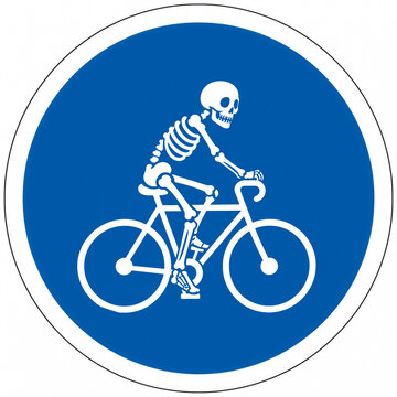 Cycliste squelette &agrave; v&eacute;lo, panneau de signalisation de piste cyclable humoristique pour Halloween ou autre occasion