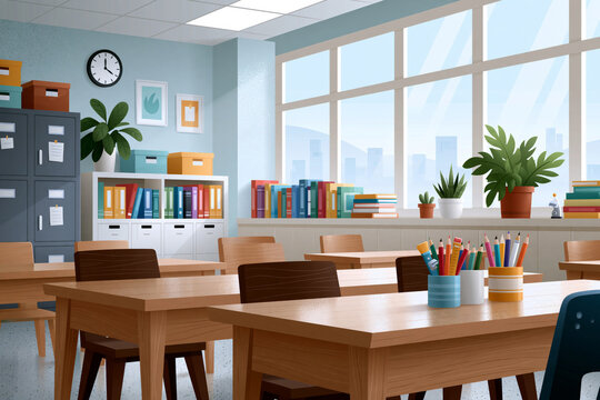 welcoming school classroom prepared for a lessoncolorful stationerytidy storage units, minimalist educational decor, no people