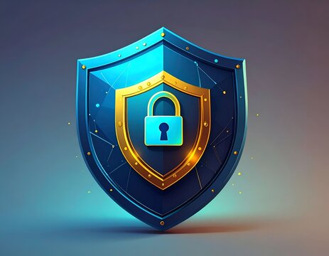 Glowing digital shield with lock icon for cyber defense.