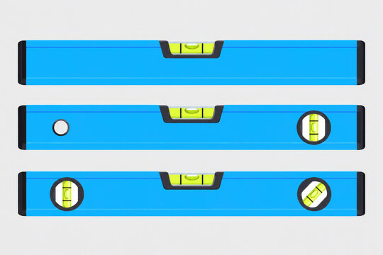 A high-resolution flat vector illustration showing three professional light bright-blue spirit levels arranged horizontally in three separate rows on a light bright-grey background