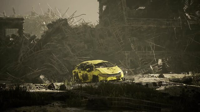 Stalled compact car hood bowed under grime, mudsplattered bumper and rusted trim, distant skeletal towers provide ominous backdrop, sense of isolation and slow