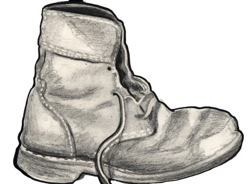 Handgezeichneter robuster Stiefel mit Schn&uuml;rung und profilierter Sohle, Bleistiftzeichnung mit sichtbarer Schraffur, freigestellt auf transparentem Hintergrund.