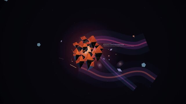 Abstract animation of universal entropy and cosmic destruction, featuring geometric baryonic spallation, gravitational lattice dissolution, and a polygonal sphere exploding into maximum entropy