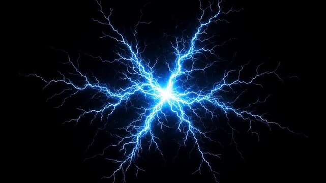 A mesmerizing depiction of a powerful blue electrical discharge emanating outwards in a dark, abstract background, creating a visually stunning and energetic display of raw power and light