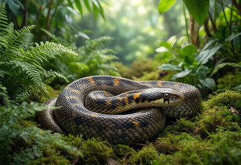 Obraz premium Wildlife conservation and biodiversity, coiled snake resting in a lush tropical rainforest environment with ferns and mossy ground in natural habitat