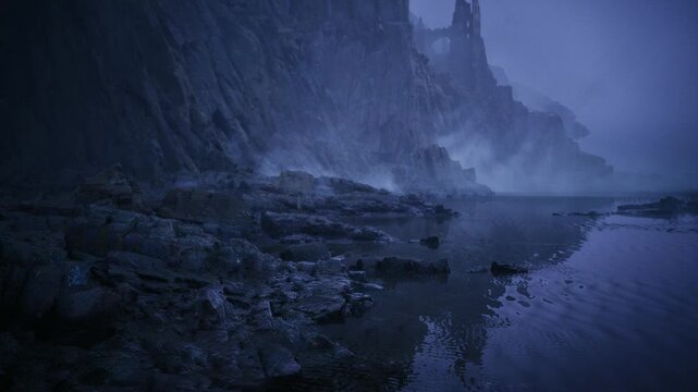 towering rock spires silhouette by sea, vertical formations rising from shoreline, fog softening edges, dramatic shadows and remote sense of scale, textured