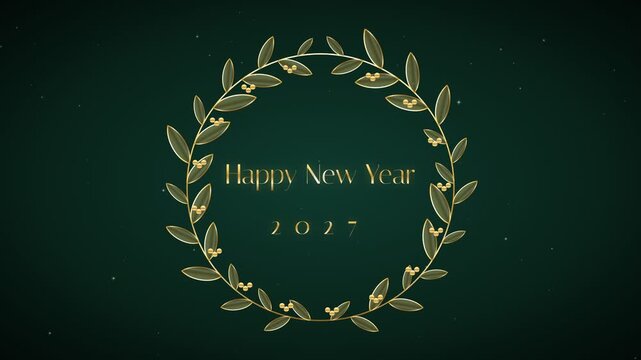 Elegant Golden Laurel Wreath Animation for Happy New Year 2027 Celebration with Subtle Stars