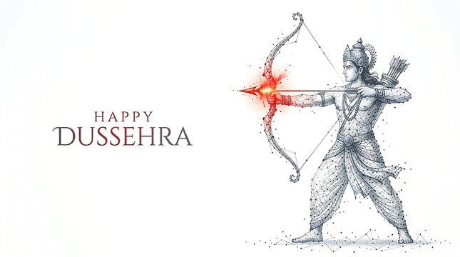 Dussehra celebration illustration of Hindu deity Rama drawing bow with fiery arrow in traditional attire