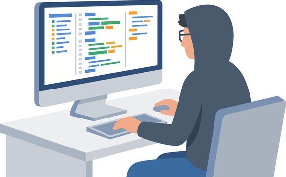 Software Developer Coding on Computer Monitor Vector Illustration for Programmer, IT Specialist, and Cybersecurity