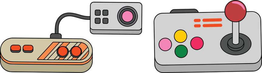 Retro video game controllers and joystick illustration showing classic gaming devices for entertainment and technology concepts © MdMohsin