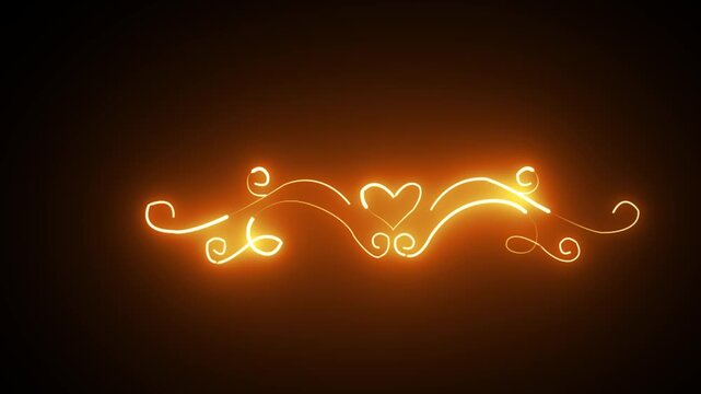 Glowing fire Neon Heart Frame with Decorative Flourish Animation on Black Background.4k motion graphics.
