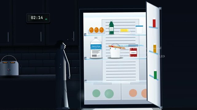 Animation of a man in a dark kitchen standing barefoot before an open refrigerator at 2 AM, contemplating midnight appetite with text overlays describing physiology, optics, and thermodynamics