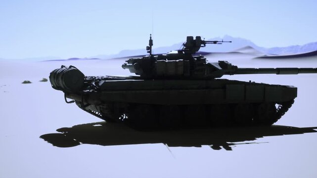 Tank on desert edge at sunset, amber light casting long shadow, barrel aligned with distant peaks, warm tones highlighting plated armor and operational posture.