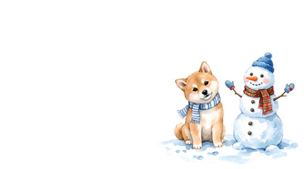 Obraz premium Watercolor cute Japanese Shiba Inu dog looking at snowman on white copy space