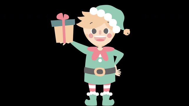 merry christmas and happy new year with cute little elf dwarf and gift box, overlay transparent prores 4444 4K