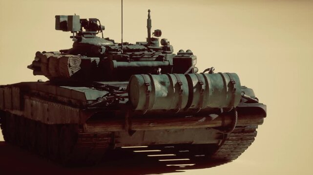 Desert reconnaissance tank paused near dunes, sensors and optics visible, shadow stretching behind, anticipation of drone coordination and remote telemetry.