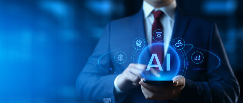 Businessman Holding smartphone with AI Artificial Intelligence Icons on Screen