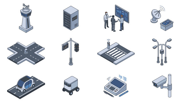 Industrial Smart City Infrastructure and Smart Transportation Technology Icons Collection in Isometric Style