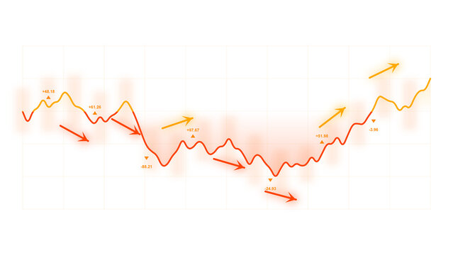 PNG image of Financial stock market chart line display, trading growth trend graph with arrows, business data analysis overview isolated on Transparent Background isolated