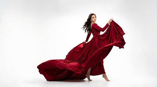 Barefoot woman in a flowing red long-sleeved gown lifting the skirt and looking over her shoulder against a white background.