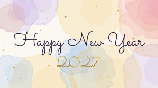 Happy New Year 2027 greeting with soft watercolor splashes and gold confetti