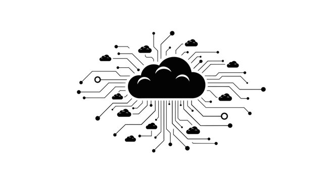Modern cloud computing infrastructure with circuit board lines, data network, and digital technology illustration