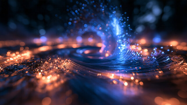 Abstract Fiber Optic Wave with Glowing Blue and Amber Lights