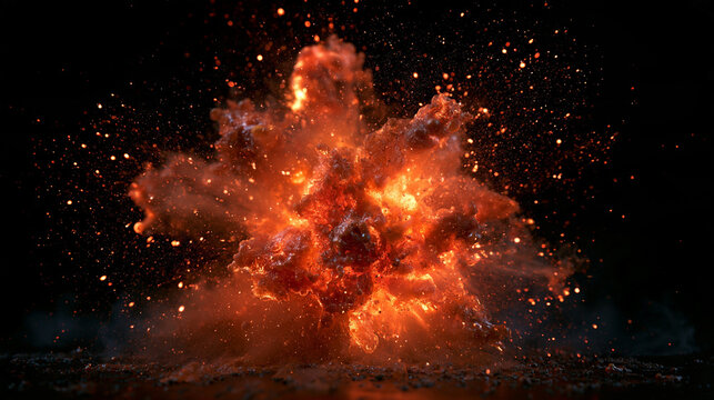 Fiery Explosion with Sparks and Debris on Black Background