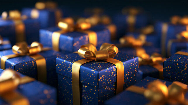 Luxury Blue Gift Boxes with Gold Ribbons for Holiday Celebration