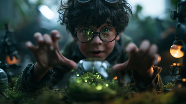 Curious Boy with Glasses Examining Glowing Magic Terrarium
