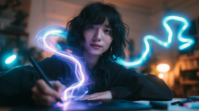 Creative Digital Artist Drawing with Glowing Light on Tablet