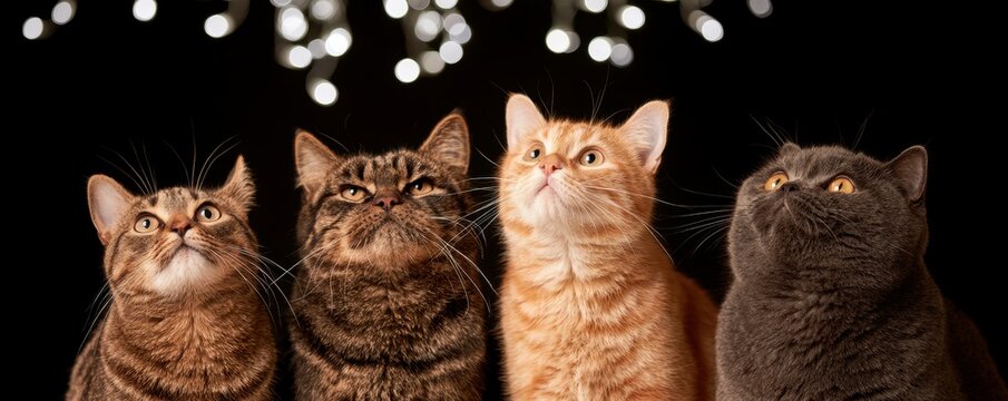 Four cats of different colors looking up curiously against a black background
