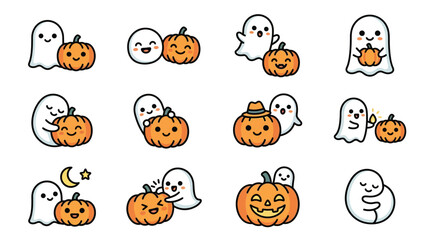 Fototapeta premium Minimalist Halloween Themed Ghosts and Jack O Lanterns Cartoon Illustrations Featuring Playful Characters and Pumpkins