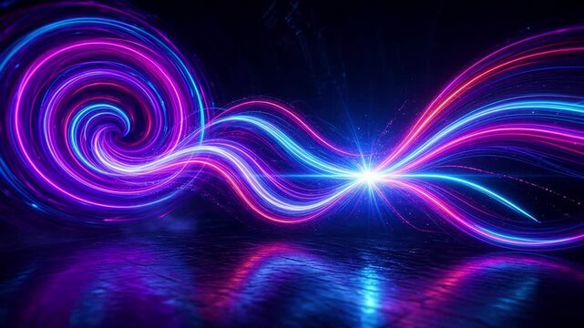 Abstract swirl of vibrant neon lights, glowing energy trails, and reflections on a dark, wet surface, symbolizing dynamism and futuristic concepts