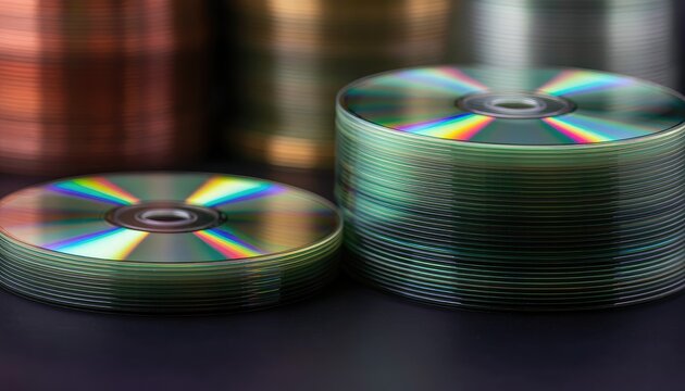 Stacks of colorful CDs reflecting light against a dark background.