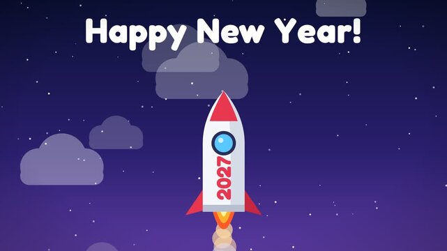 Happy New Year 2027 rocket launch into starry night sky with clouds illustration